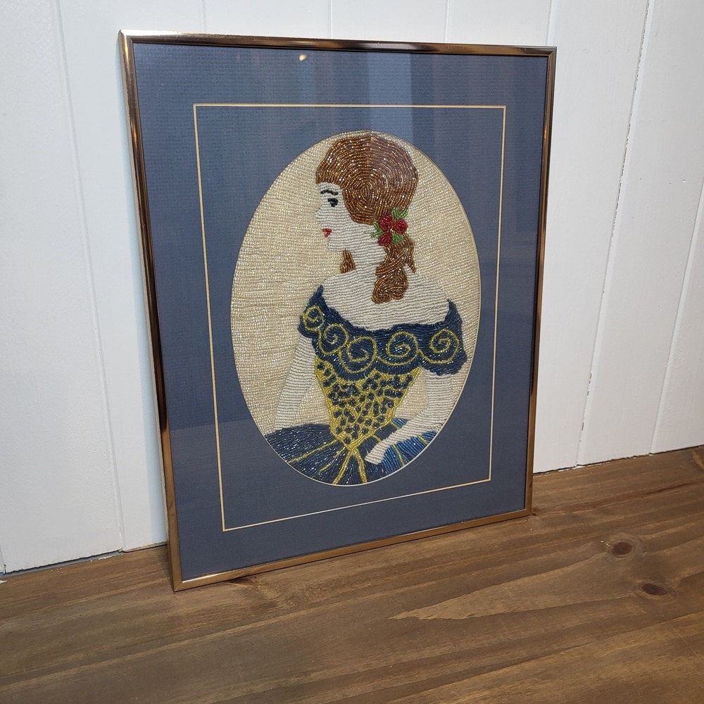 Bead Embroidered Victorian Lady In Dress Picture In 12x15‎ Frame